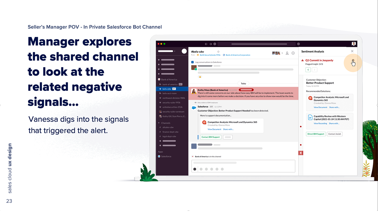 The manager opens the shared channel with an insights view turned on; the flagged customer objection is selected and its detail sits in a right-hand column.